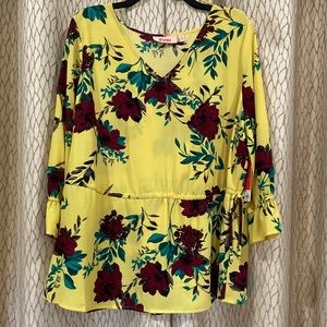 NWT EVRI Yellow Floral Drawstring Waist Elastic Bell Sleeve Blouse Plus sz 1X